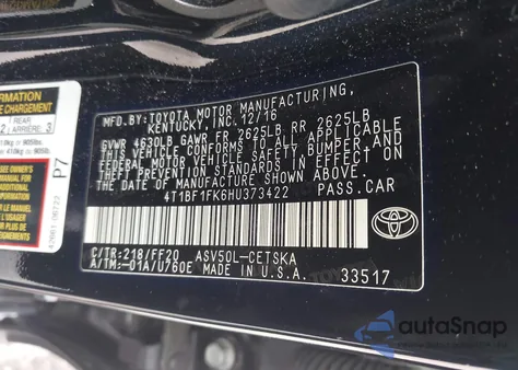 2017 Toyota Camry Se from USA, damaged, VIN 4T1BF1FK6HU373422